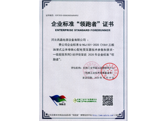 企業標準領跑者證書